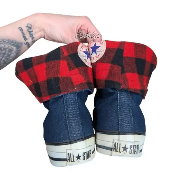 Converse 1987 Vtg NeeHi Calf High XHI USA Made Denim Fold Plaid Sneaker Mens 11 - Picture 4 of 14